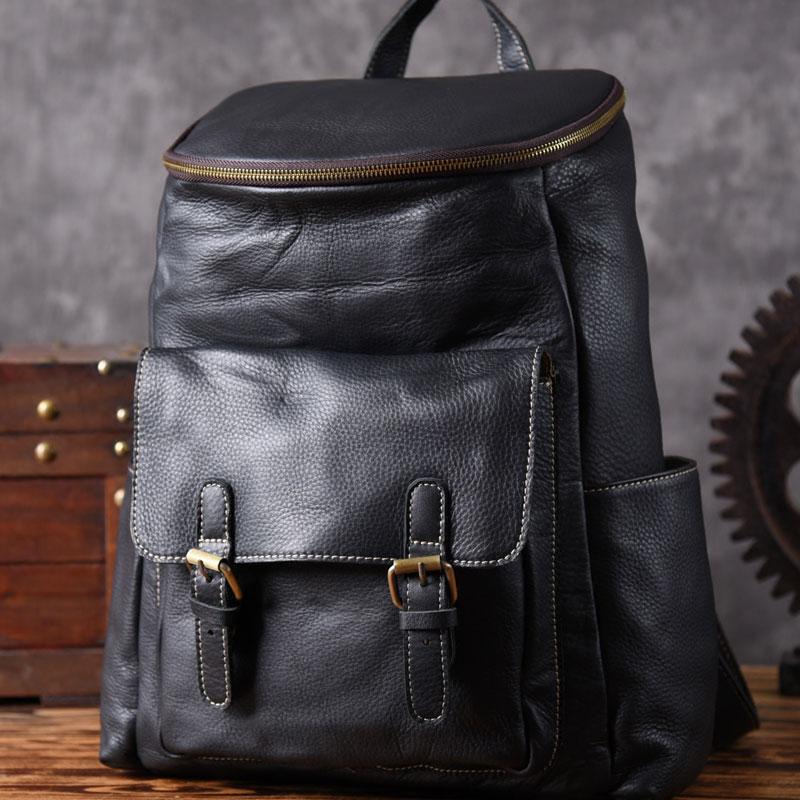 Genuine Leather Mens Cool Backpack Sling Bag Large Black Travel Bag Hiking Bag for men - BW BAG